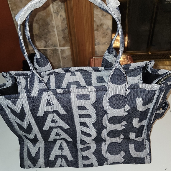 Marc Jacobs Womens The Monogram Denim Large Shoulder Tote Bag Purse Blue Gray - Picture 11 of 12